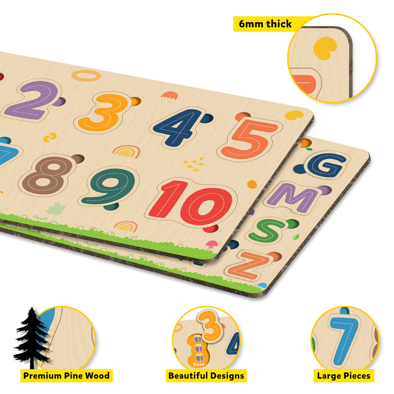 Little Berry My First Wooden Puzzle Tray (Set of 2): Alphabets & Numbers - Knob and Peg Puzzle Multicolour - 36 Pegs