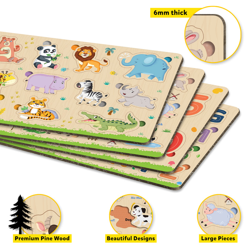 Little Berry My First Wooden Puzzle Tray (Set of 4): ABC, Numbers, Jungle Animals, Farm Animals - Knob and Peg Puzzle Multicolour - 36 Pegs