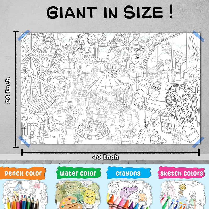 GIANT JUNGLE SAFARI COLOURING POSTER, GIANT AT THE MALL COLOURING POSTER, GIANT PRINCESS CASTLE COLOURING POSTER and GIANT AMUSEMENT PARK COLOURING POSTER | Combo of 4 Posters I Giant Coloring Posters Deluxe Pack