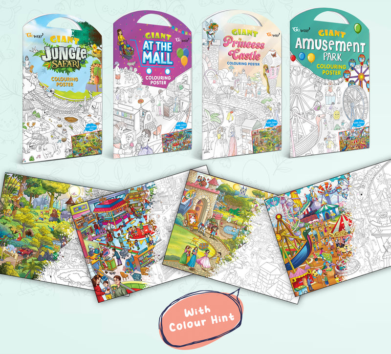 GIANT JUNGLE SAFARI COLOURING POSTER, GIANT AT THE MALL COLOURING POSTER, GIANT PRINCESS CASTLE COLOURING POSTER and GIANT AMUSEMENT PARK COLOURING POSTER | Combo of 4 Posters I Giant Coloring Posters Deluxe Pack