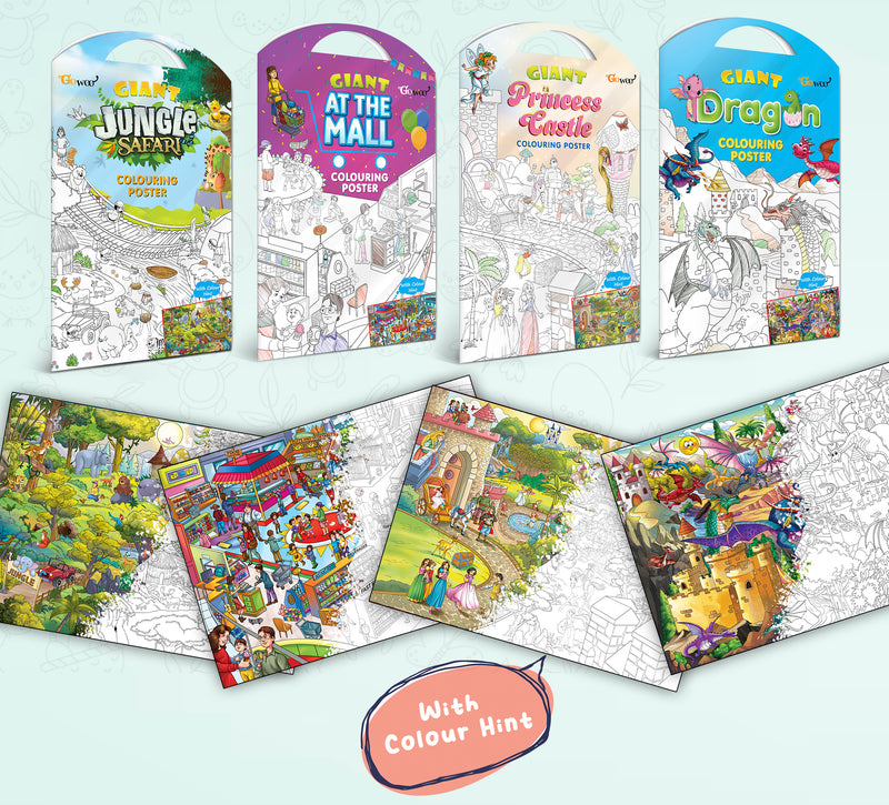 GIANT JUNGLE SAFARI COLOURING POSTER, GIANT AT THE MALL COLOURING POSTER, GIANT PRINCESS CASTLE COLOURING POSTER and GIANT DRAGON COLOURING POSTER | Gift Pack of 4 Posters I  Coloring Posters jumbo Pack