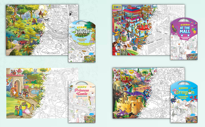 GIANT JUNGLE SAFARI COLOURING POSTER, GIANT AT THE MALL COLOURING POSTER, GIANT PRINCESS CASTLE COLOURING POSTER and GIANT DRAGON COLOURING POSTER | Gift Pack of 4 Posters I  Coloring Posters jumbo Pack