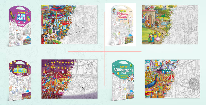 GIANT AT THE MALL COLOURING POSTER, GIANT PRINCESS CASTLE COLOURING POSTER, GIANT CIRCUS COLOURING POSTER and GIANT AMUSEMENT PARK COLOURING POSTER | Combo of 4 Posters I kids giant posters to color