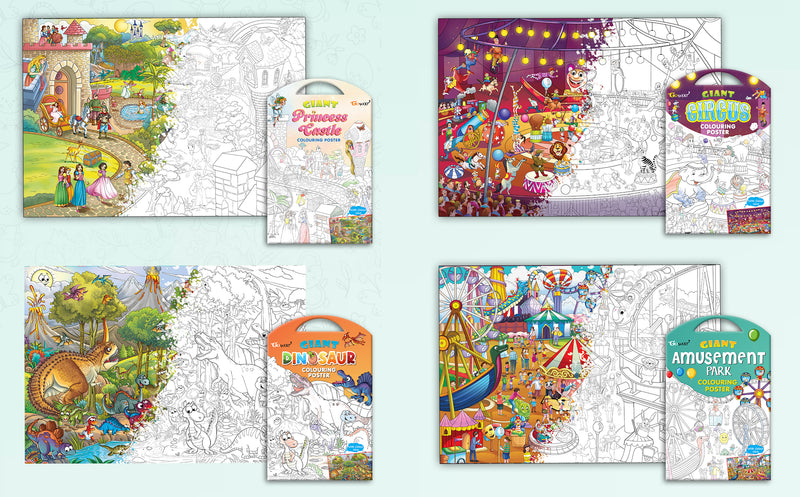 GIANT PRINCESS CASTLE COLOURING POSTER, GIANT CIRCUS COLOURING POSTER, GIANT DINOSAUR COLOURING POSTER and GIANT AMUSEMENT PARK COLOURING POSTER | Combo pack of 4 Posters I giant coloring posters for classroom