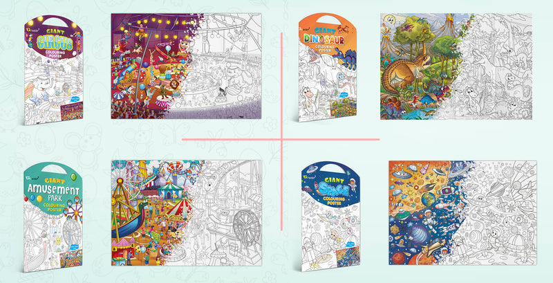 GIANT CIRCUS COLOURING POSTER, GIANT DINOSAUR COLOURING POSTER, GIANT AMUSEMENT PARK COLOURING POSTER and GIANT SPACE COLOURING POSTER | Combo pack of 4 Posters I large colouring posters for adults