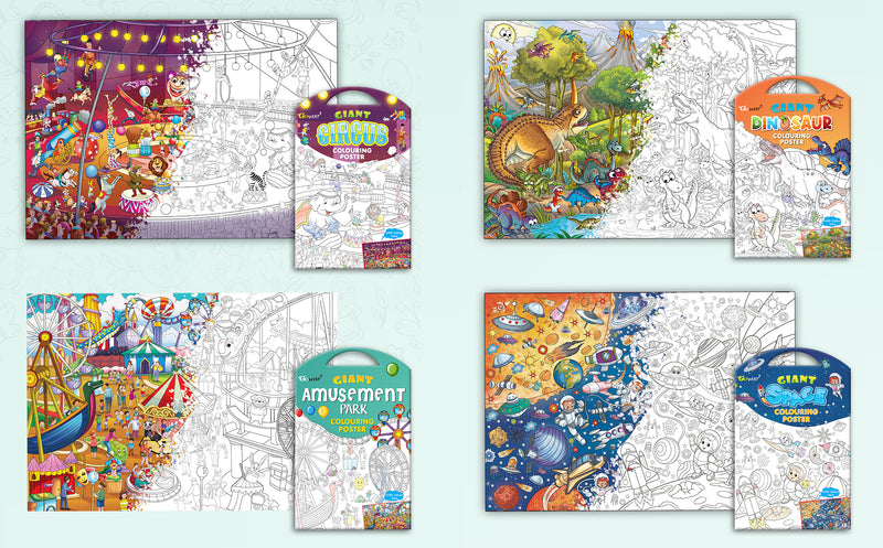 GIANT CIRCUS COLOURING POSTER, GIANT DINOSAUR COLOURING POSTER, GIANT AMUSEMENT PARK COLOURING POSTER and GIANT SPACE COLOURING POSTER | Combo pack of 4 Posters I large colouring posters for adults