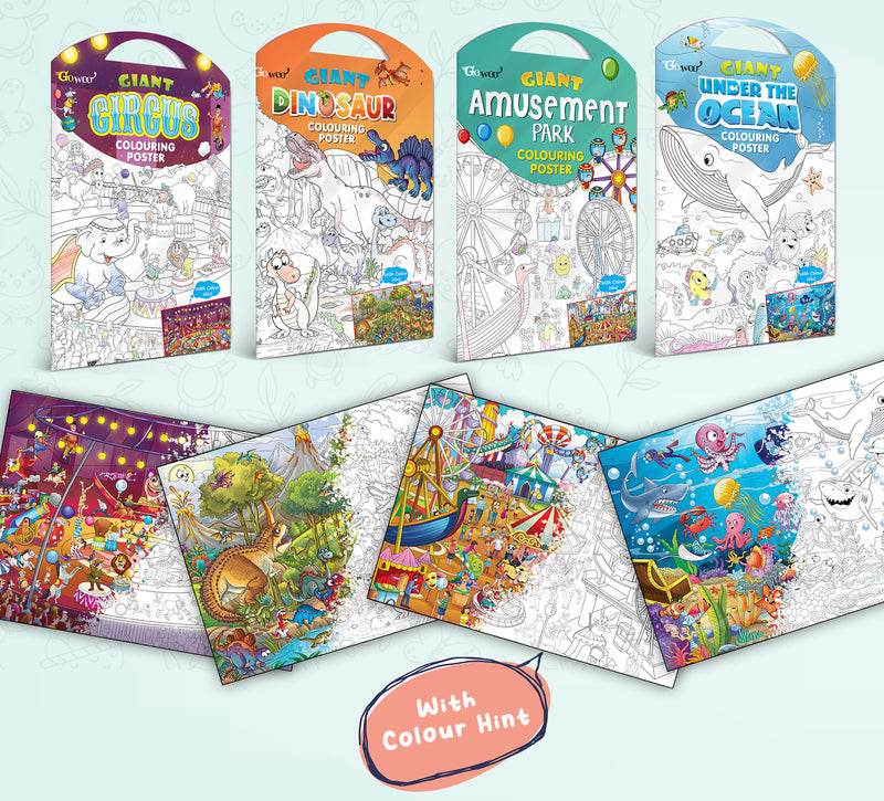 GIANT CIRCUS COLOURING POSTER, GIANT DINOSAUR COLOURING POSTER, GIANT AMUSEMENT PARK COLOURING POSTER and GIANT UNDER THE OCEAN COLOURING POSTER | Gift Pack of 4 Posters I  Giant Coloring Posters Big Box