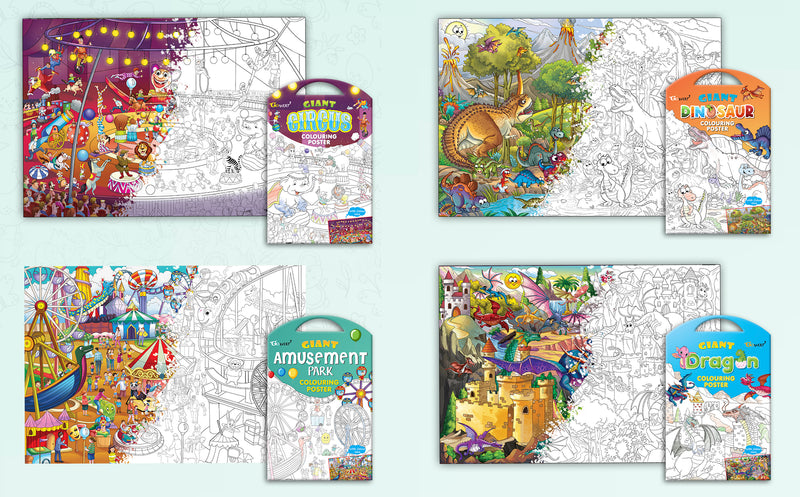 GIANT CIRCUS COLOURING POSTER, GIANT DINOSAUR COLOURING POSTER, GIANT AMUSEMENT PARK COLOURING POSTER and GIANT DRAGON COLOURING POSTER | Pack of 4 Posters I best colouring poster for 9+ years