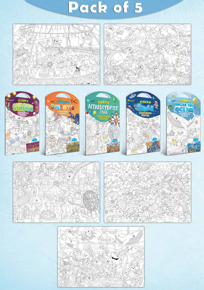 GIANT CIRCUS COLOURING POSTER, GIANT DINOSAUR COLOURING POSTER, GIANT AMUSEMENT PARK COLOURING POSTER, GIANT SPACE COLOURING POSTER and GIANT UNDER THE OCEAN COLOURING POSTER | Combo of 5 Posters I kids fun activity posters