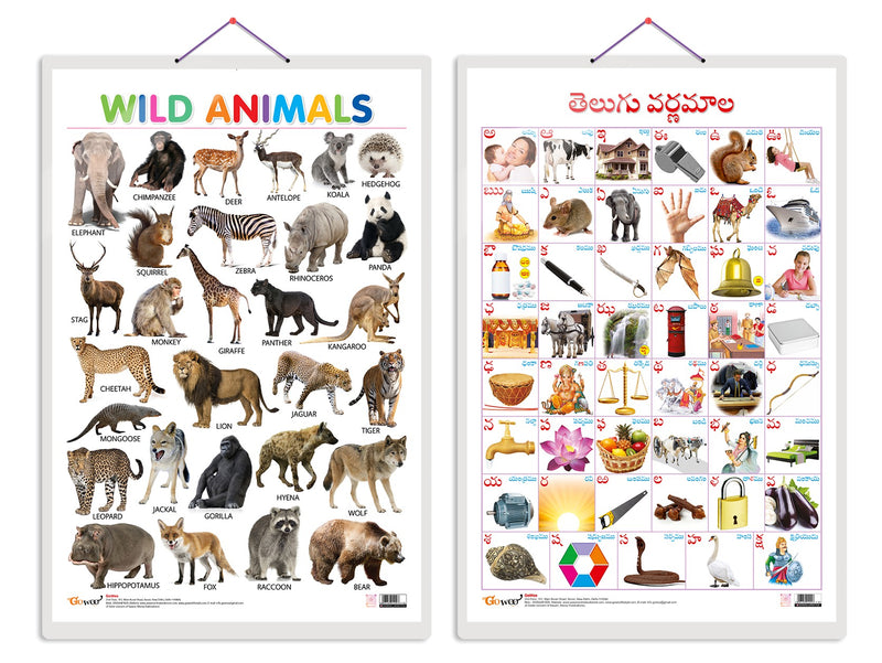 Set of 2 Wild Animals and Telugu Alphabet?(Telugu) Early Learning Educational Charts for Kids | 20"X30" inch |Non-Tearable and Waterproof | Double Sided Laminated | Perfect for Homeschooling, Kindergarten and Nursery Students