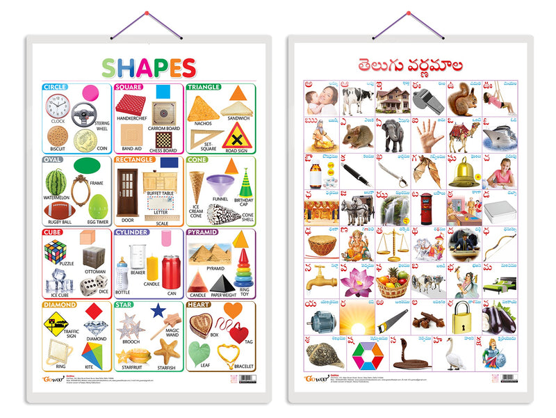 Set of 2 Shapes and Telugu Alphabet?(Telugu) Early Learning Educational Charts for Kids | 20"X30" inch |Non-Tearable and Waterproof | Double Sided Laminated | Perfect for Homeschooling, Kindergarten and Nursery Students