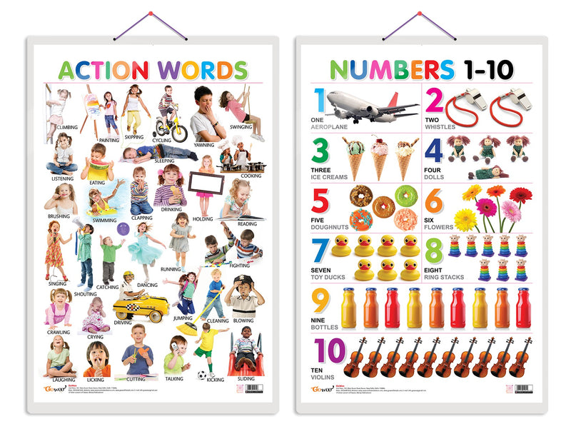 Set of 2 Action Words and Numbers 1-10 Early Learning Educational Charts for Kids | 20"X30" inch |Non-Tearable and Waterproof | Double Sided Laminated | Perfect for Homeschooling, Kindergarten and Nursery Students