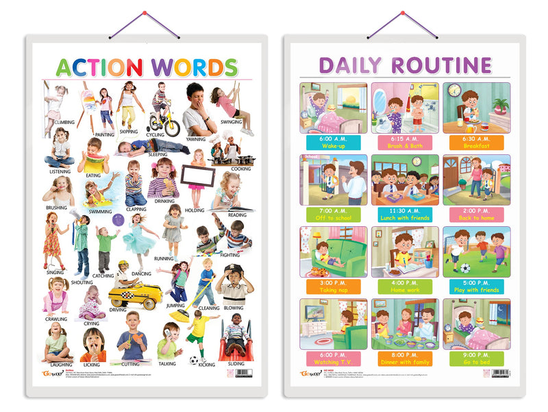 Set of 2 Action Words and DAILY ROUTINE Early Learning Educational Charts for Kids | 20"X30" inch |Non-Tearable and Waterproof | Double Sided Laminated | Perfect for Homeschooling, Kindergarten and Nursery Students