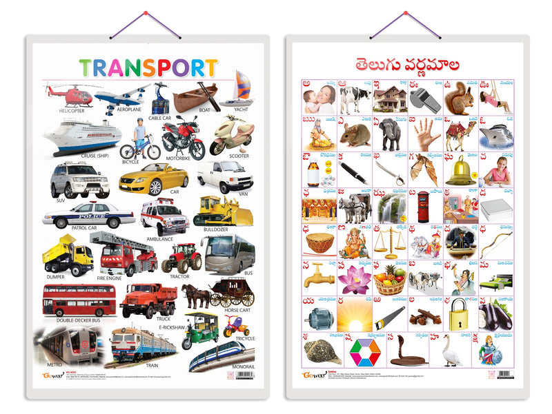 Set of 2 Transport and Telugu Alphabet?(Telugu) Early Learning Educational Charts for Kids | 20"X30" inch |Non-Tearable and Waterproof | Double Sided Laminated | Perfect for Homeschooling, Kindergarten and Nursery Students