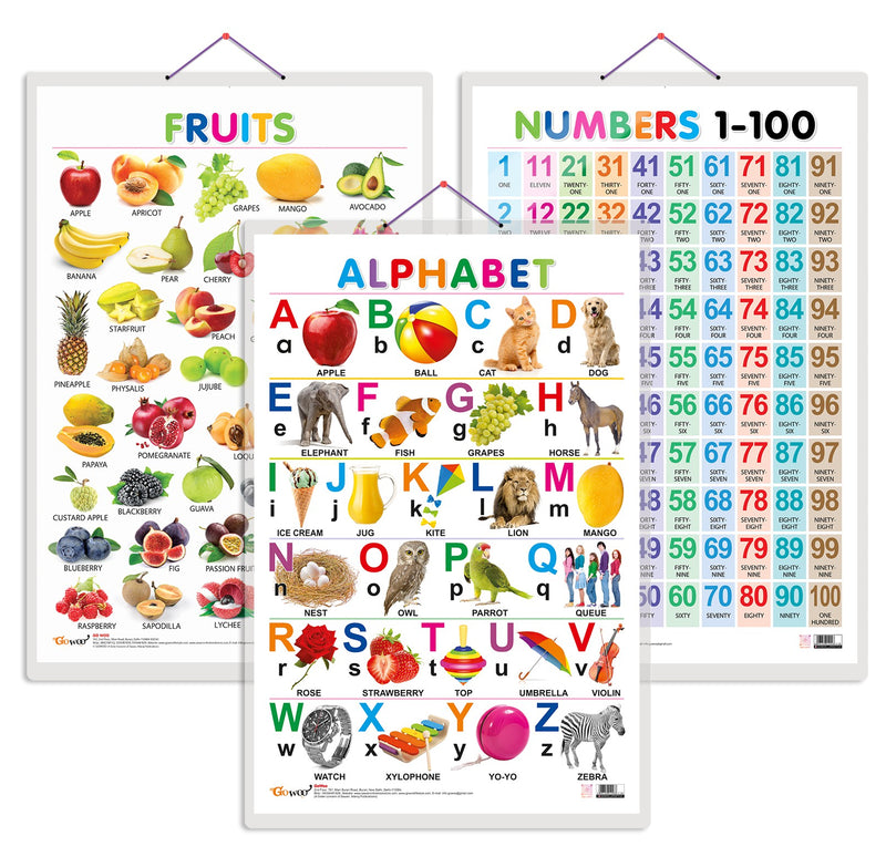 Set of 3 Alphabet, Fruits and Numbers 1-100 Early Learning Educational Charts for Kids | 20"X30" inch |Non-Tearable and Waterproof | Double Sided Laminated | Perfect for Homeschooling, Kindergarten and Nursery Students