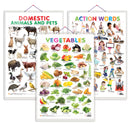 Set of 3 Vegetables, Domestic Animals and Pets and Action Words Early Learning Educational Charts for Kids | 20"X30" inch |Non-Tearable and Waterproof | Double Sided Laminated | Perfect for Homeschooling, Kindergarten and Nursery Students