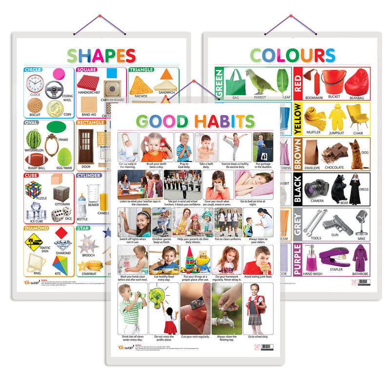 Set of 3 Colours, Shapes and Good Habits Early Learning Educational Charts for Kids | 20"X30" inch |Non-Tearable and Waterproof | Double Sided Laminated | Perfect for Homeschooling, Kindergarten and Nursery Students