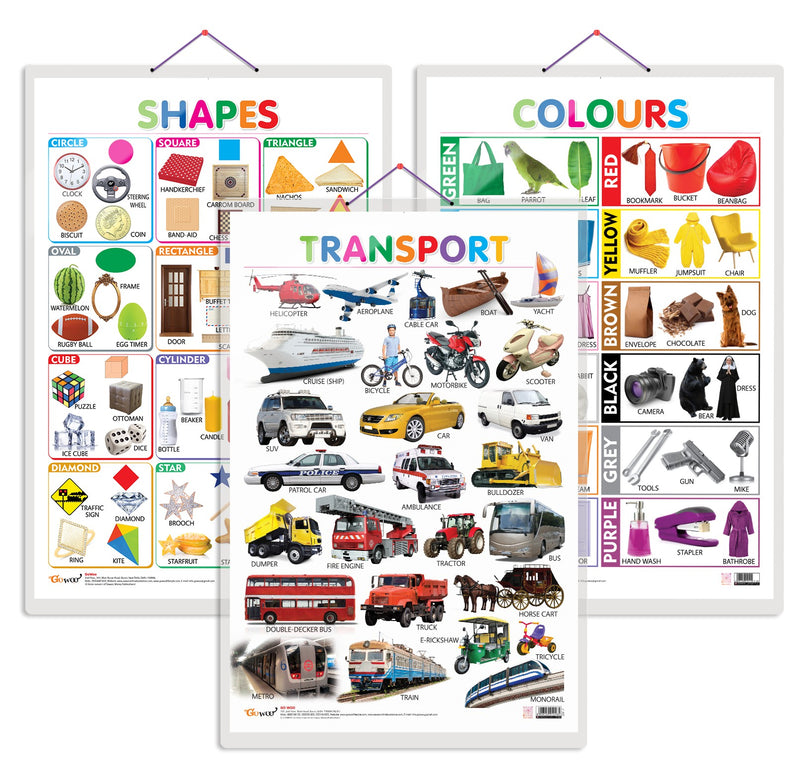 Set of 3 Colours, Shapes and Transport Early Learning Educational Charts for Kids | 20"X30" inch |Non-Tearable and Waterproof | Double Sided Laminated | Perfect for Homeschooling, Kindergarten and Nursery Students