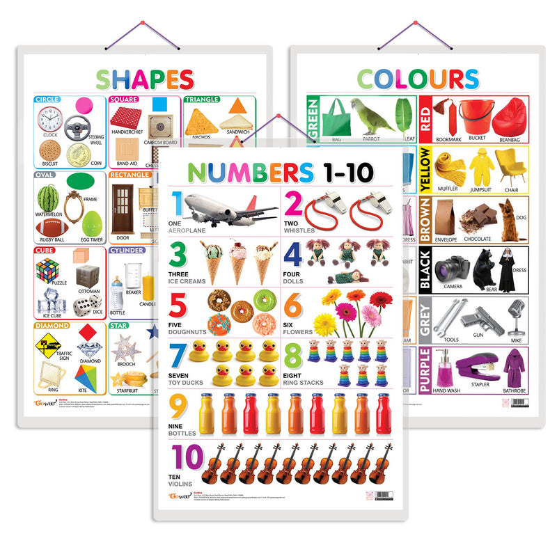 Set of 3 Colours, Shapes and Numbers 1-10 Early Learning Educational Charts for Kids | 20"X30" inch |Non-Tearable and Waterproof | Double Sided Laminated | Perfect for Homeschooling, Kindergarten and Nursery Students