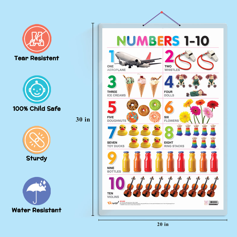 Set of 3 Colours, Shapes and Numbers 1-10 Early Learning Educational Charts for Kids | 20"X30" inch |Non-Tearable and Waterproof | Double Sided Laminated | Perfect for Homeschooling, Kindergarten and Nursery Students