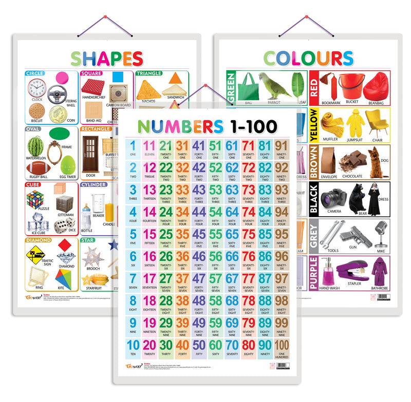 Set of 3 Colours, Shapes and Numbers 1-100 Chart for Kids | 20"X30" inch |Non-Tearable and Waterproof | Double Sided Laminated | Perfect for Homeschooling, Kindergarten and Nursery Students