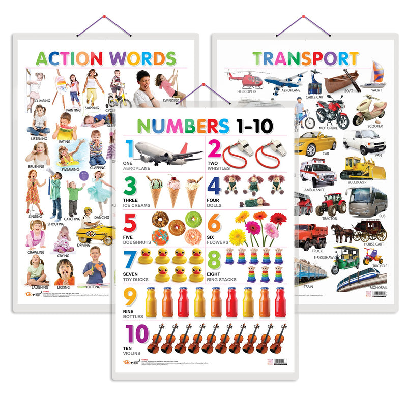 Set of 3 Action Words, Transport and Numbers 1-10 Early Learning Educational Charts for Kids | 20"X30" inch |Non-Tearable and Waterproof | Double Sided Laminated | Perfect for Homeschooling, Kindergarten and Nursery Students