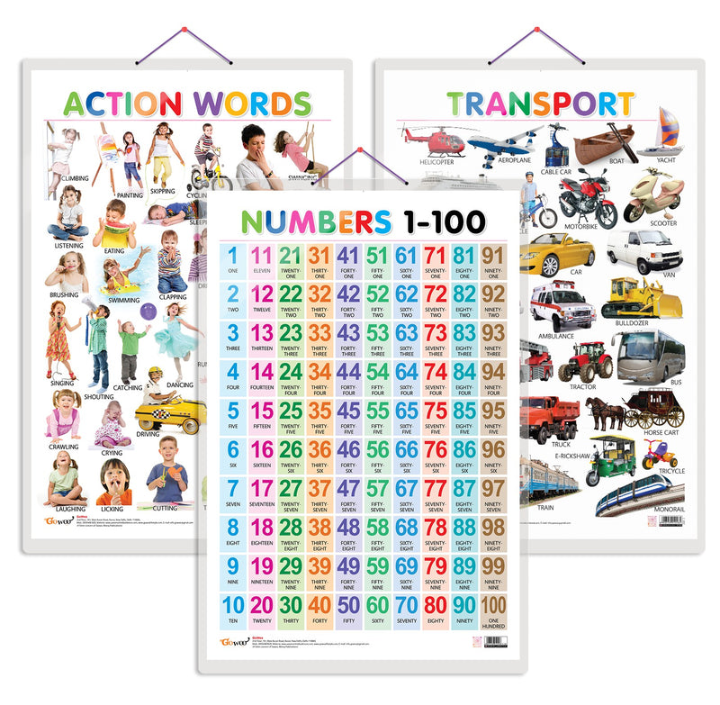 Set of 3 Action Words, Transport and Numbers 1-100 Early Learning Educational Charts for Kids | 20"X30" inch |Non-Tearable and Waterproof | Double Sided Laminated | Perfect for Homeschooling, Kindergarten and Nursery Students