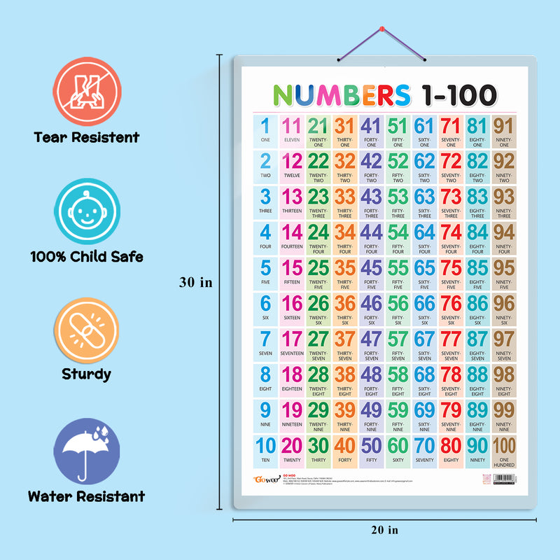 Set of 3 Action Words, Transport and Numbers 1-100 Early Learning Educational Charts for Kids | 20"X30" inch |Non-Tearable and Waterproof | Double Sided Laminated | Perfect for Homeschooling, Kindergarten and Nursery Students