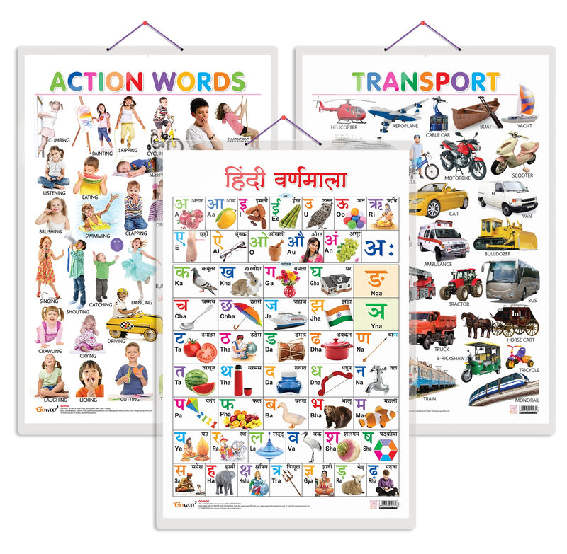 Set of 3 Action Words, Transport and Hindi Varnamala Early Learning Educational Charts for Kids | 20"X30" inch |Non-Tearable and Waterproof | Double Sided Laminated | Perfect for Homeschooling, Kindergarten and Nursery Students