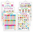 Set of 6 TIME, EMOTIONS, DAILY ROUTINE, PREPOSITIONS, PHONICS - 1 and PHONICS - 2 Early Learning Educational Charts for Kids