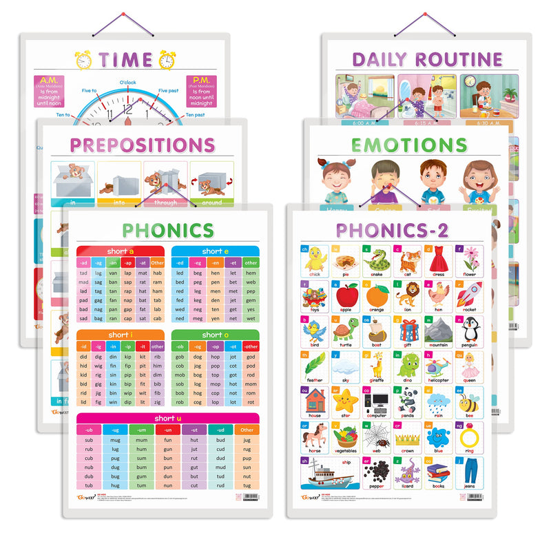 Set of 6 TIME, EMOTIONS, DAILY ROUTINE, PREPOSITIONS, PHONICS - 1 and PHONICS - 2 Early Learning Educational Charts for Kids