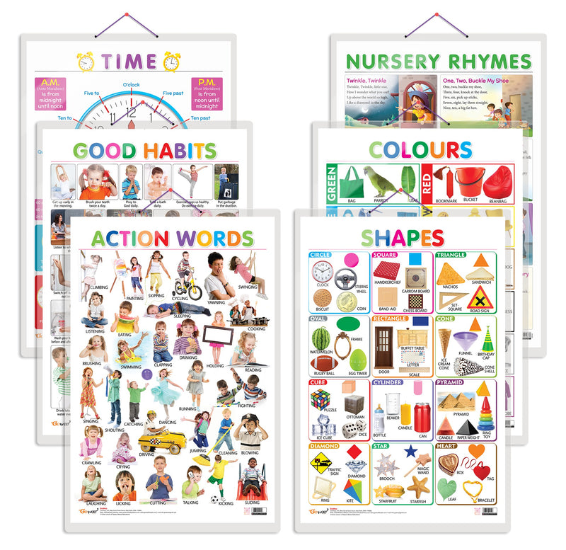 Set of 6 Colours, Shapes, Good Habits, Action Words, TIME and NURSERY RHYMES Early Learning Educational Charts for Kids | 20"X30" inch |Non-Tearable and Waterproof | Double Sided Laminated | Perfect for Homeschooling, Kindergarten and Nursery Students