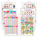 Set of 6 Good Habits, Action Words, SUBTRACTION, DAILY ROUTINE, PHONICS - 1 and PHONICS - 2 Early Learning Educational Charts for Kids