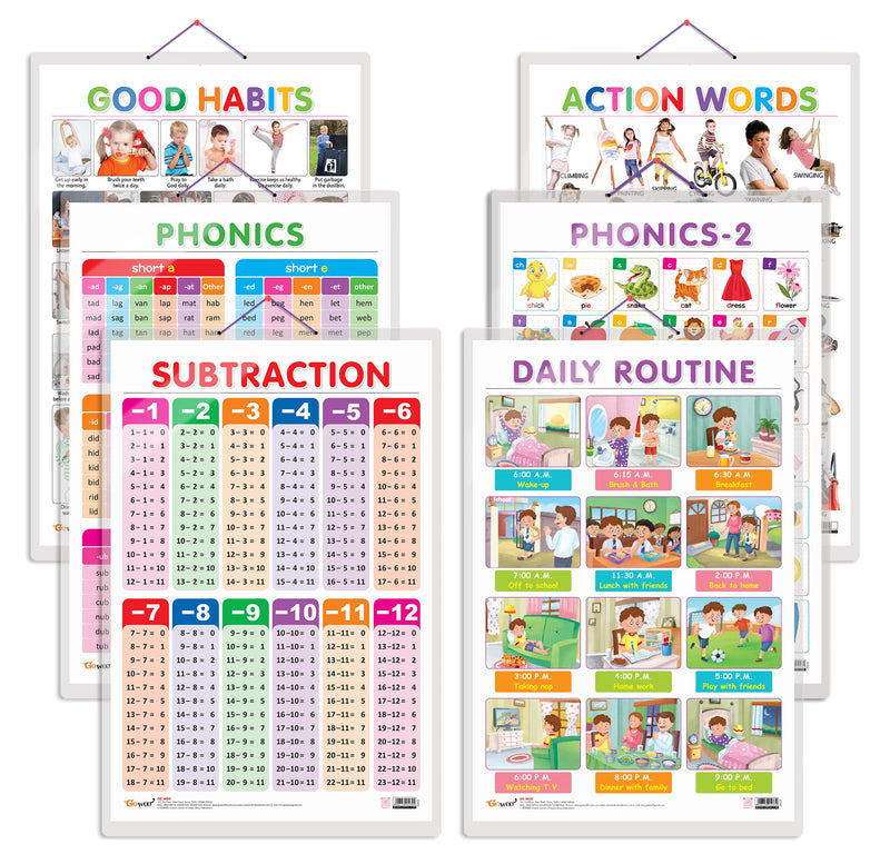 Set of 6 Good Habits, Action Words, SUBTRACTION, DAILY ROUTINE, PHONICS - 1 and PHONICS - 2 Early Learning Educational Charts for Kids