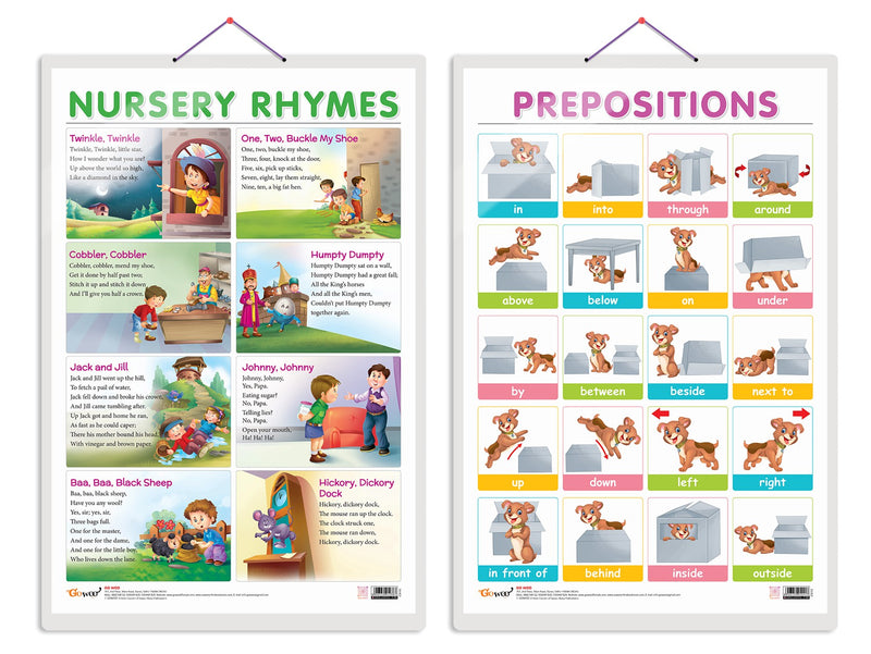 Set of 2 NURSERY RHYMES and PREPOSITIONS Early Learning Educational Charts for Kids | 20"X30" inch |Non-Tearable and Waterproof | Double Sided Laminated | Perfect for Homeschooling, Kindergarten and Nursery Students