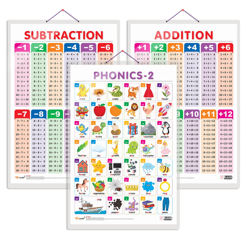 Set of 3 SUBTRACTION, ADDITION and PHONICS - 2 Early Learning Educational Charts for Kids | 20"X30" inch |Non-Tearable and Waterproof | Double Sided Laminated | Perfect for Homeschooling, Kindergarten and Nursery Students