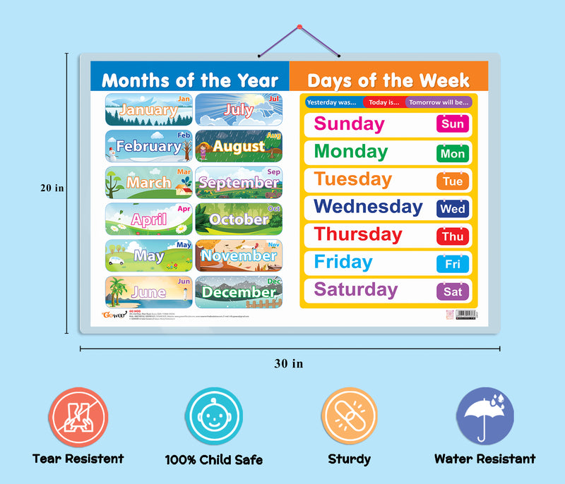 Set of 3 MATHS KEYWORDS, MONTHS OF THE YEAR AND DAYS OF THE WEEK and DAILY ROUTINE Early Learning Educational Charts for Kids