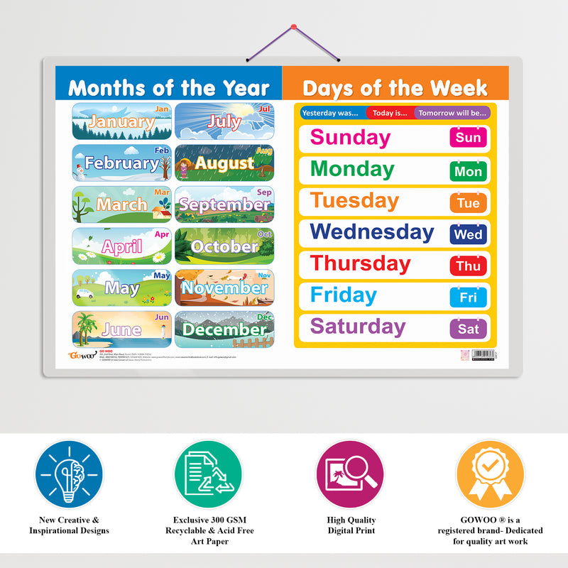 Set of 3 MATHS KEYWORDS, MONTHS OF THE YEAR AND DAYS OF THE WEEK and DAILY ROUTINE Early Learning Educational Charts for Kids