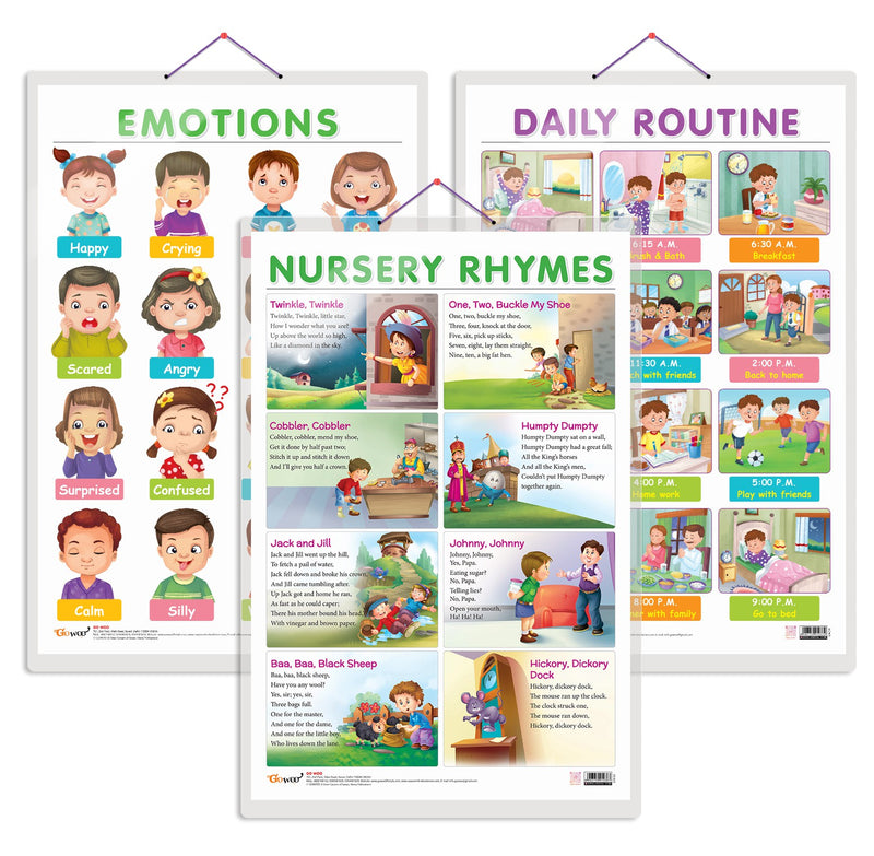 Set of 3 EMOTIONS, DAILY ROUTINE and NURSERY RHYMES Early Learning Educational Charts for Kids | 20"X30" inch |Non-Tearable and Waterproof | Double Sided Laminated | Perfect for Homeschooling, Kindergarten and Nursery Students