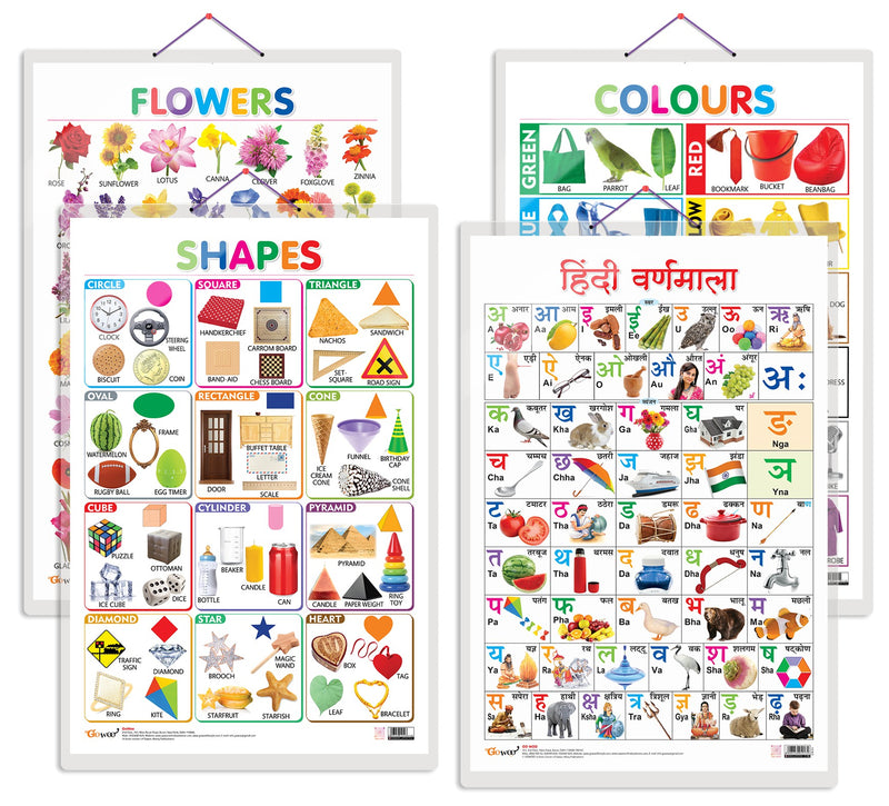 Set of 4 Flowers, Colours, Shapes and Hindi Varnamala Early Learning Educational Charts for Kids | 20"X30" inch |Non-Tearable and Waterproof | Double Sided Laminated | Perfect for Homeschooling, Kindergarten and Nursery Students