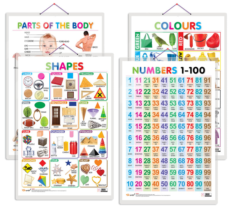 Set of 4 Colours, Shapes, Parts of the Body and Numbers 1-100 Early Learning Educational Charts for Kids | 20"X30" inch |Non-Tearable and Waterproof | Double Sided Laminated | Perfect for Homeschooling, Kindergarten and Nursery Students