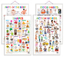 Set of 4 Shapes, Parts of the Body, Good Habits and Action Words Early Learning Educational Charts for Kids | 20"X30" inch |Non-Tearable and Waterproof | Double Sided Laminated | Perfect for Homeschooling, Kindergarten and Nursery Students