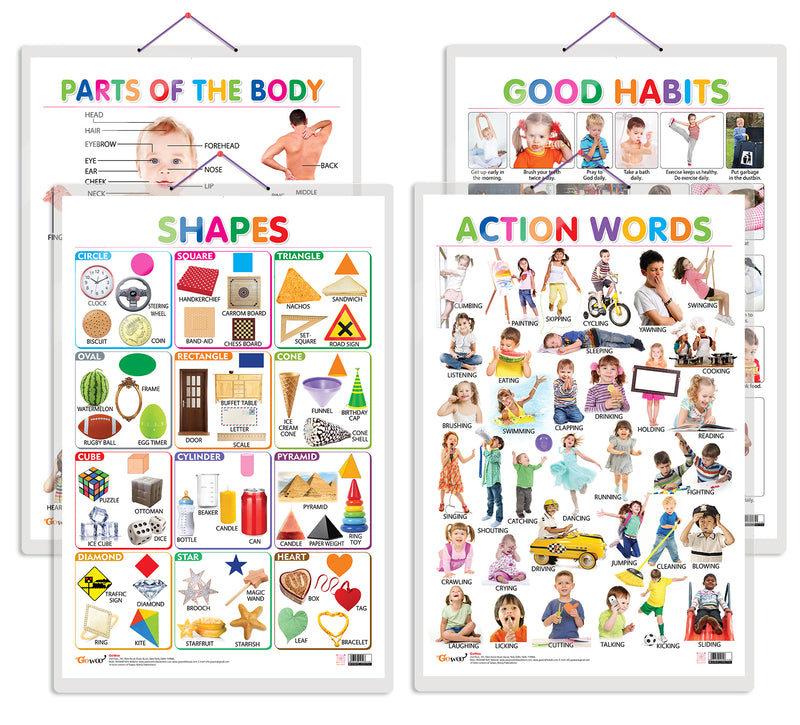 Set of 4 Shapes, Parts of the Body, Good Habits and Action Words Early Learning Educational Charts for Kids | 20"X30" inch |Non-Tearable and Waterproof | Double Sided Laminated | Perfect for Homeschooling, Kindergarten and Nursery Students