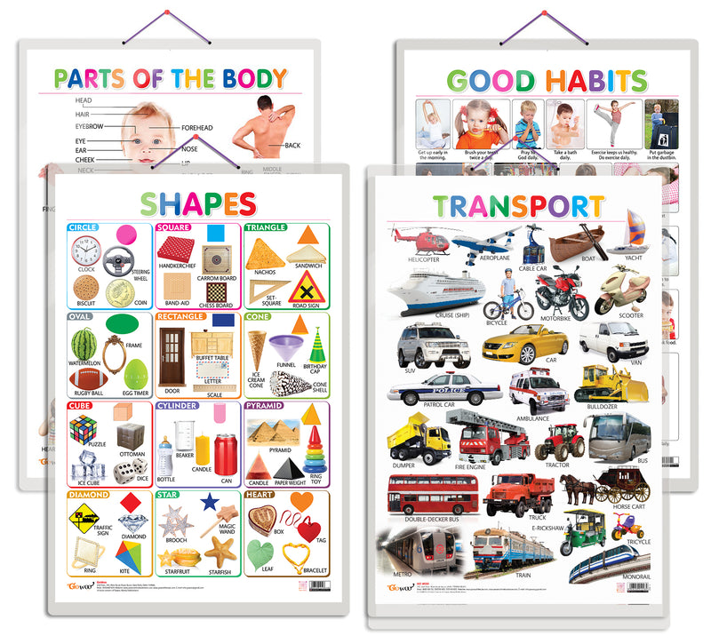 Set of 4 Shapes, Parts of the Body, Good Habits and Transport Early Learning Educational Charts for Kids | 20"X30" inch |Non-Tearable and Waterproof | Double Sided Laminated | Perfect for Homeschooling, Kindergarten and Nursery Students