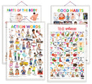 Set of 4 Parts of the Body, Good Habits, Action Words and Hindi Varnamala Early Learning Educational Charts for Kids | 20"X30" inch |Non-Tearable and Waterproof | Double Sided Laminated | Perfect for Homeschooling, Kindergarten and Nursery Students