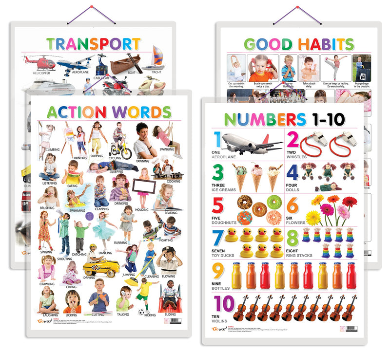 Set of 4 Good Habits, Action Words, Transport and Numbers 1-10 Early Learning Educational Charts for Kids | 20"X30" inch |Non-Tearable and Waterproof | Double Sided Laminated | Perfect for Homeschooling, Kindergarten and Nursery Students