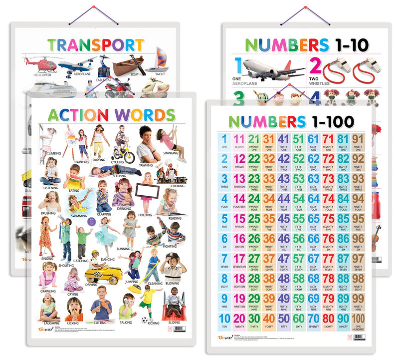 Set of 4 Action Words, Transport, Numbers 1-10 and Numbers 1-100 Early Learning Educational Charts for Kids | 20"X30" inch |Non-Tearable and Waterproof | Double Sided Laminated | Perfect for Homeschooling, Kindergarten and Nursery Students