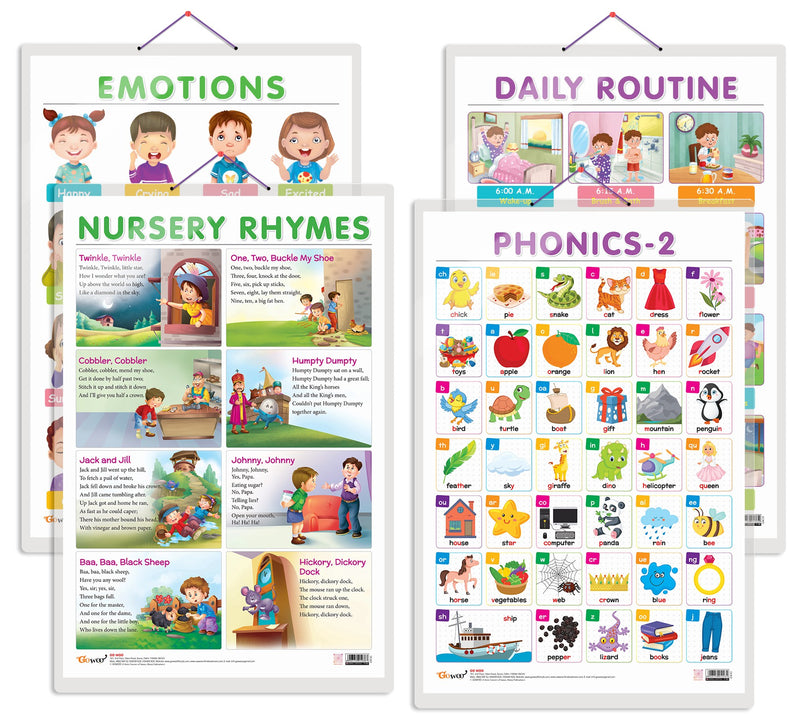 Set of 4 EMOTIONS, DAILY ROUTINE, NURSERY RHYMES and PHONICS - 2 Early Learning Educational Charts for Kids | 20"X30" inch |Non-Tearable and Waterproof | Double Sided Laminated | Perfect for Homeschooling, Kindergarten and Nursery Students