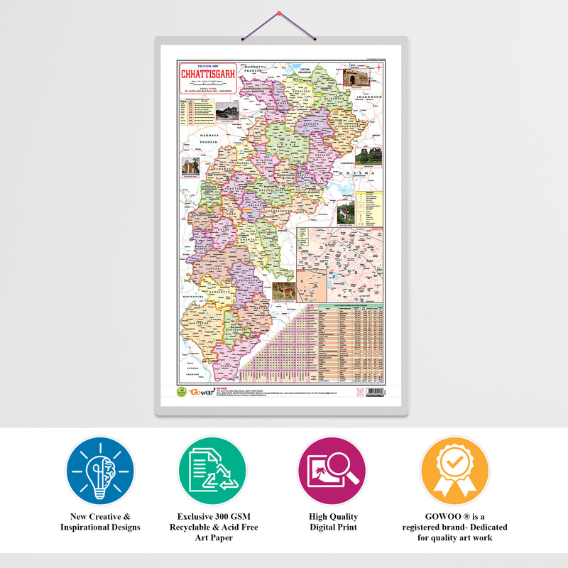 Set of 2 | 2 IN 1 CHATTISGARH POLITICAL Map AND PHYSICAL Map IN ENGLISH and 2 IN 1 CHATTISGARH POLITICAL Map AND PHYSICAL Map IN HINDI Educational Charts