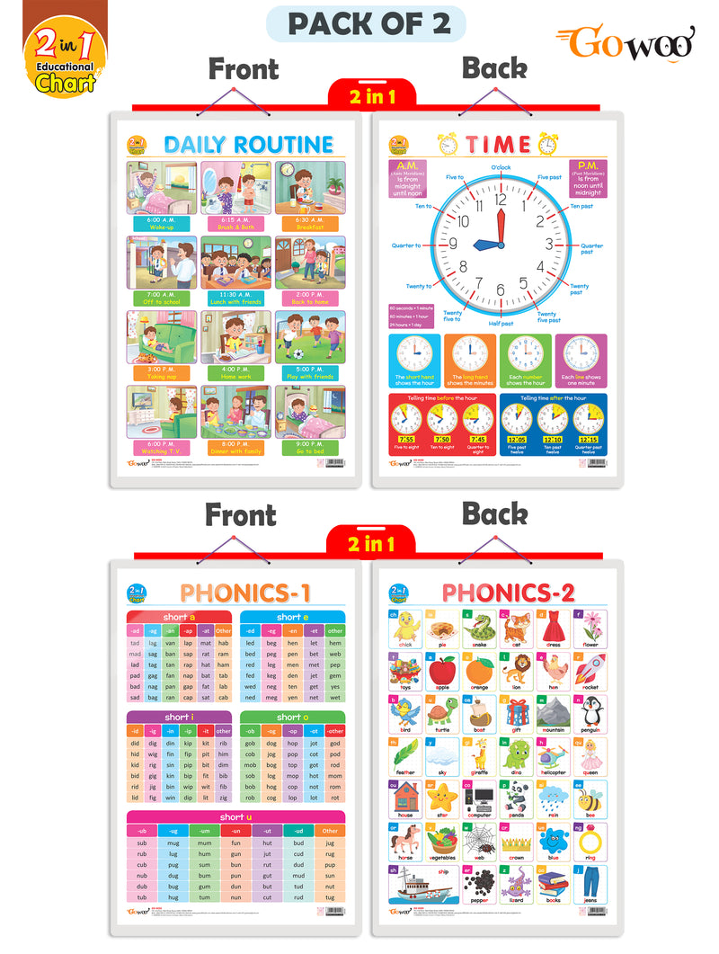 Set of 2 | 2 IN 1 DAILY ROUTINE AND TIME and 2 IN 1 PHONICS 1 AND PHONICS 2 Early Learning Educational Charts for Kids | 20"X30" inch |Non-Tearable and Waterproof | Double Sided Laminated | Perfect for Homeschooling, Kindergarten and Nursery Students